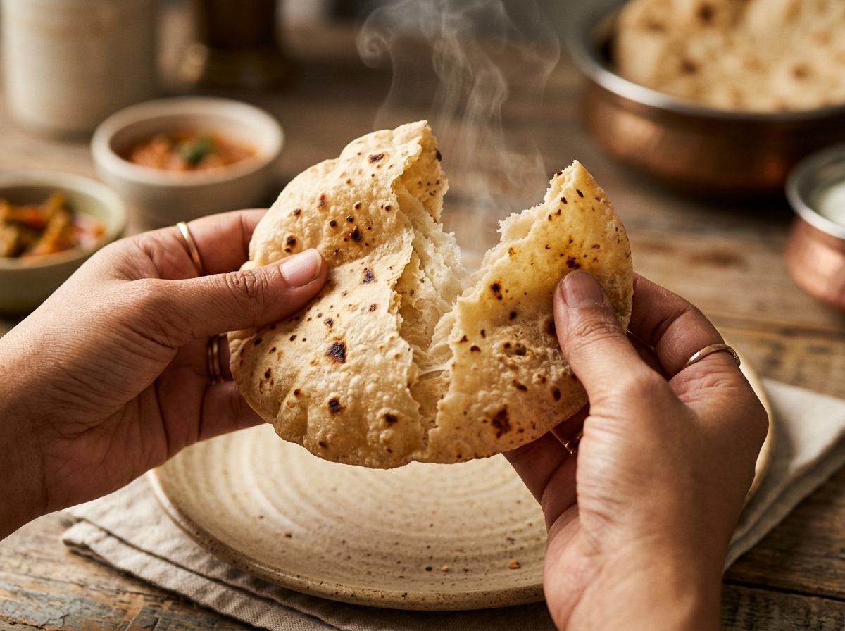 MILLA PRO high protein roti broken in half showing authentic soft texture and steam