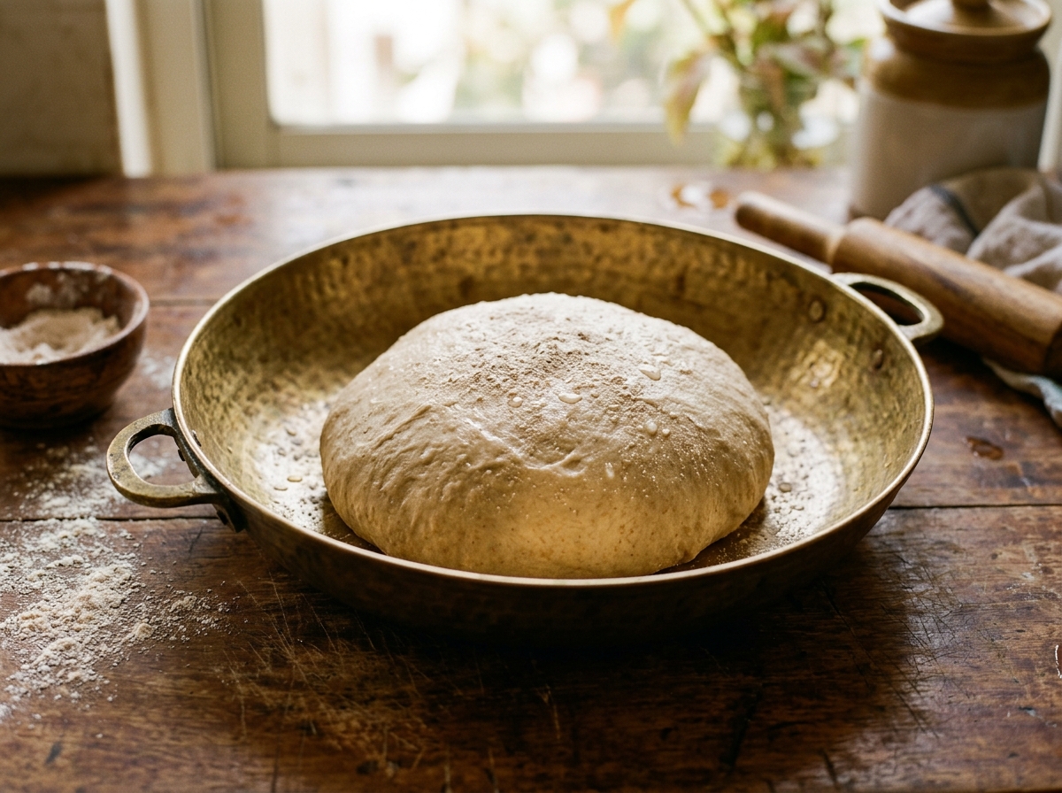 Soft dough resting with water in brass parat