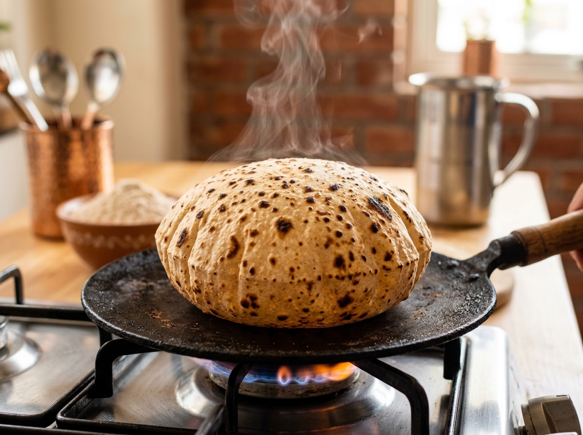 Roti puffing like a balloon on iron tawa